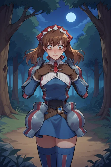 score_9, score_8_up, score_7_up, score_6_up, source_anime, BREAK 1girl, solo <lora:vcalicia-pdxl-nvwls-v1-000006:1> vcAlicia, headdress, blue shirt, armor, blue skirt, gloves, thighhighs, night, forest, scared, closed mouth, hand to own chest