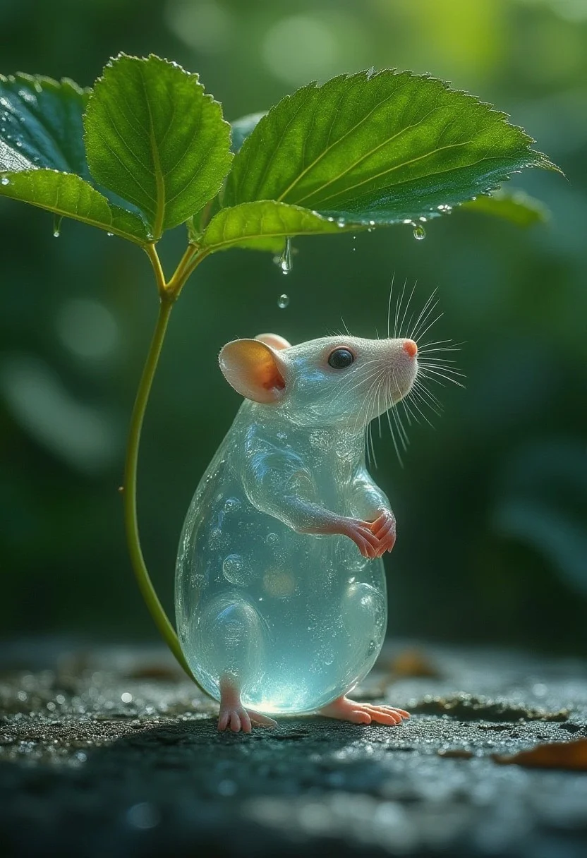 Cinematic style, realism, cinematic quality,
"A transparent liquid gel-like mouse, a colorless liquid body, with a smooth, fluid texture, reflecting soft reflections of light, which slowly changes its shape, like a drop of water, under a leaf, standing under a strawberry, a rainy day."