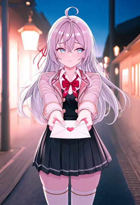 1girl, midnight, streetlight, lantern, handing love letter, looking away, shy, summer, photo background, realistic background, masterpiece, best quality, good quality, newest, very aesthetic, absurdres, alya-san, 1girl, long hair, blue eyes,  ribbon, hair ribbon, hair between eyes, red ribbon,grey hair, ahoge, alya-san, 1girl, long hair, blue eyes, ahoge, shirt, school uniform, jacket, ribbon, hair ribbon, skirt, grey hair, thighhighs, long sleeves, hair between eyes, white thighhighs, bow, collared shirt, white shirt, red ribbon, bowtie, red bow, blazer, red bowtie, zettai ryouiki, alya-san, 1girl, long hair, blue eyes,  ribbon, hair ribbon, hair between eyes, red ribbon,grey hair, ahoge, alya-san, 1girl, long hair, blue eyes, ahoge, shirt, school uniform, jacket, ribbon, hair ribbon, skirt, grey hair, thighhighs, long sleeves, hair between eyes, white thighhighs, bow, collared shirt, white shirt, red ribbon, bowtie, red bow, blazer, red bowtie, zettai ryouiki, arms extended, giving letter, nervous, hearts everywhere, perfect hearts