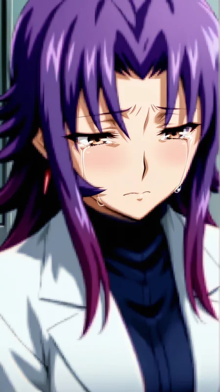 source_anime, genral, best quality, masterpiece, 1girl, <lora:Clavier_Argo_ill_v1.0:1> clavier_argo\(srw\),brown eyes, purple hair,parted bangs, sidelocks,gradient hair,long hair, earrings, jewelry, turtleneck, lab coat, sad, crying with eyes open,