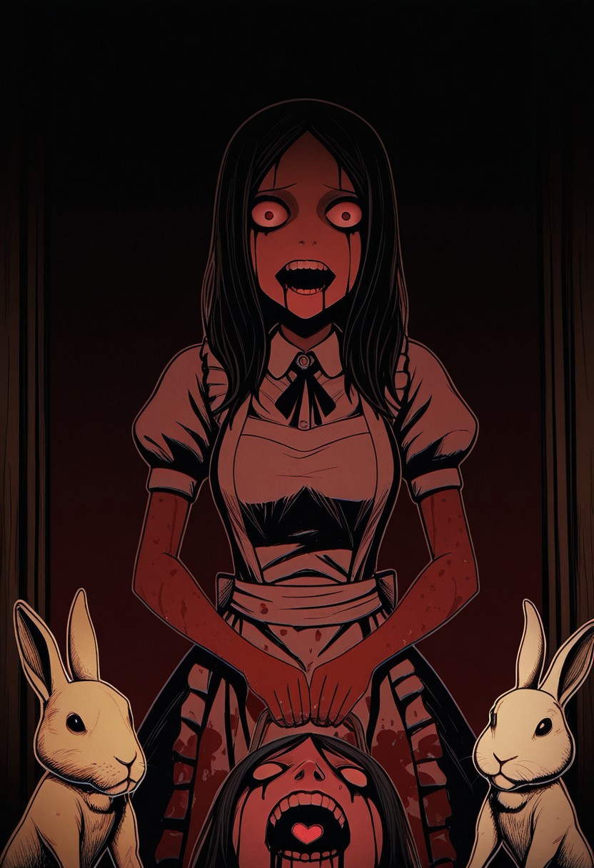 MASTERPIECE, AMAZING QUALITY, PAPER CUTOUT, RABBIT, BLOODY MOUTH, DARK, HORROR (THEME)