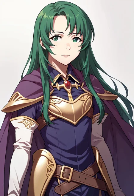 score_9, score_8_up, score_7_up, source_anime BREAK 1girl, solo, <lora:zs_AwakeningPortraitsXL:1> awakeningportraits, portraits, white background, , <lora:fececilia-pdxl-nvwls-v1:1> defCeci, green hair, green eyes, purple cape, brooch, armored dress, purple dress, elbow gloves, white gloves, belt, light smile