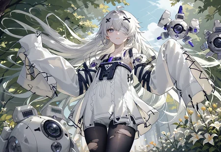wide shot, score_9, score_8_up, score_7_up, s1_dram, XXI, grey eyes, white hair, long hair, 21. clothes, bandaged head, torn pantyhose, XXI drone and mecha, middle of white flower garden