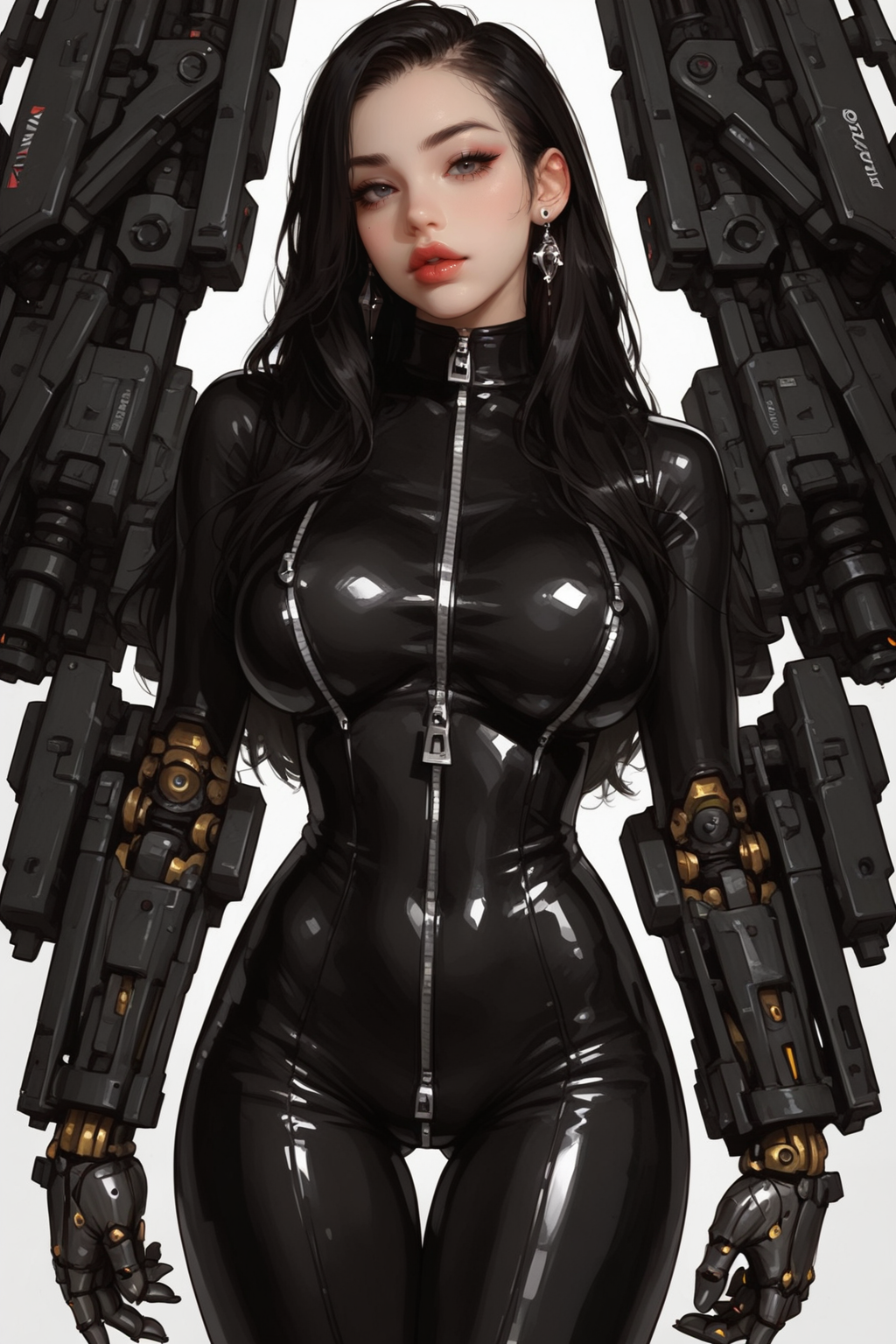 1girl, solo, bodysuit, earrings, jewelry, breasts, long hair, black hair, , thigh gap, zipper, lips, large breasts, makeup, looking at viewer, signature, mechanical arms,