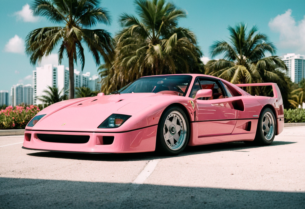 ClassicSportsCar, pink pastel Ferrari F40, front side view, seaside, palm trees, Miami cityscape, 4K, highly detailed, (stylish grainy analog 35mm film photo)