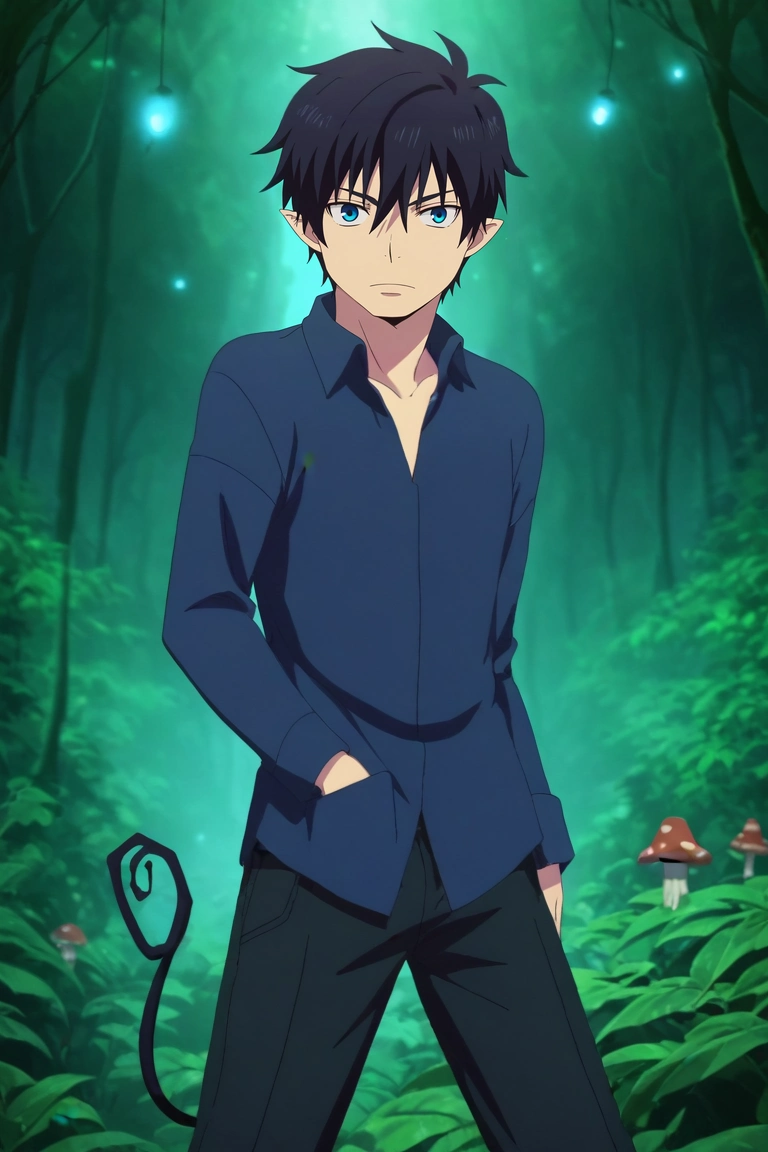 score_9, score_8_up, score_7_up, , rating_safe, , anime screencap, anime coloring, , looking at viewer, , 1boy, solo, male focus, <lora:rin_okumura_pony:0.96>, rin_okumura, black hair, blue eyes, short hair, hair between eyes, , tail, , enchanted forest, glowing plants, fairy lights, mushroom circles, exploring pose, wonder expression, twilight, ,, <lora:sdxl_lightning_8step_lora:1>