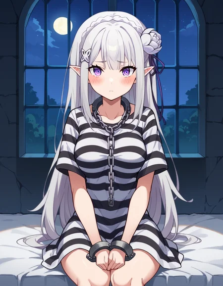 score_9, score_8_up, score_7_up, source_anime, <lora:rezero-emilia-s1s2-ponyxl-lora-nochekaiser:1>, emilia, braid, crown braid, flower, hair flower, hair ornament, hair ribbon, long hair, pointy ears, purple eyes, white hair, x hair ornament, medium breasts,, <lora:prison-clothes-ponyxl-lora-nochekaiser:1> prison clothes, prisoner, prison cell, prison, striped shirt, shackles, handcuffs, chain,, sitting, on bed, looking at viewer, blush, night, moon, moonlight, night sky, window, three quarter view, cowboy shot,