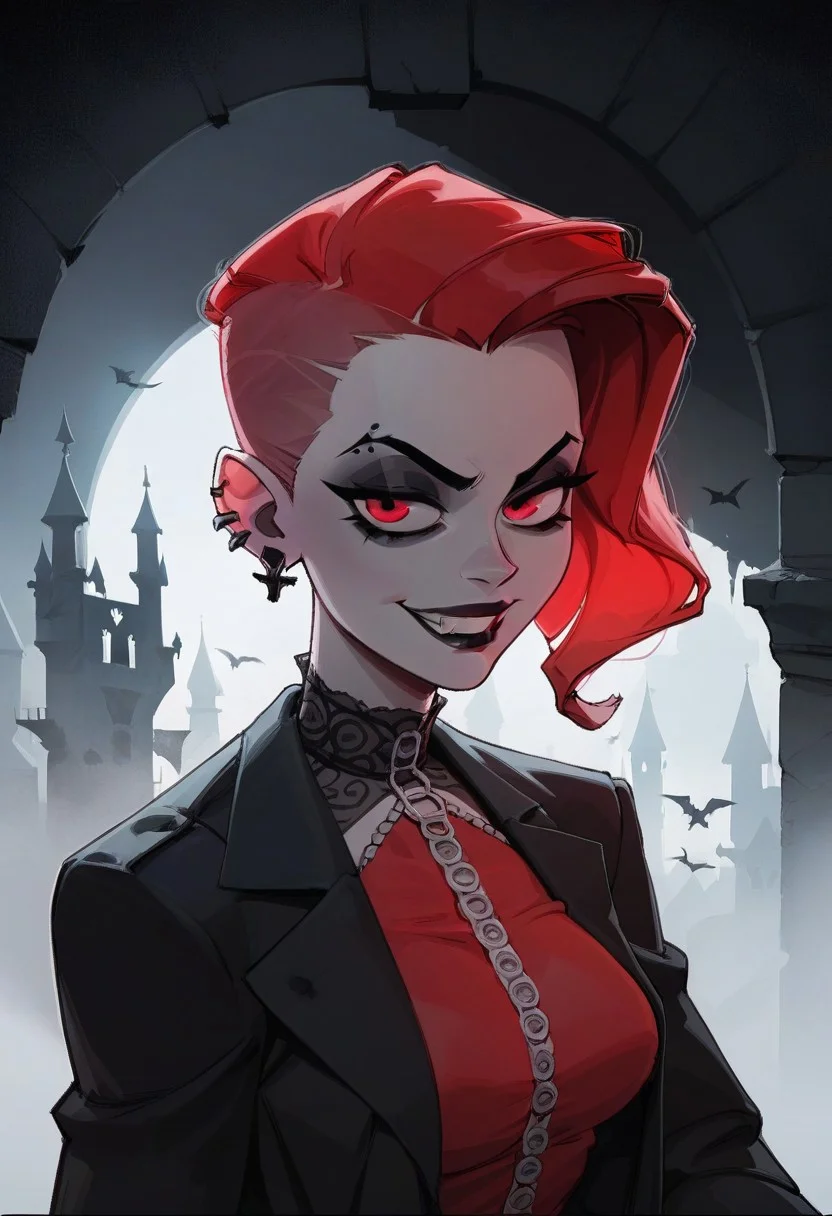score_9, score_8_up, score_8_up, sexy woman, vampires, intricate outfit, bobcat hairstyle, black coat, smirk gothic atmosphere, crows, dark castle, outdoors, black colors, red colors, detailed background, simple shadows, flat coloring, flat shadows, thick lines, white outline,