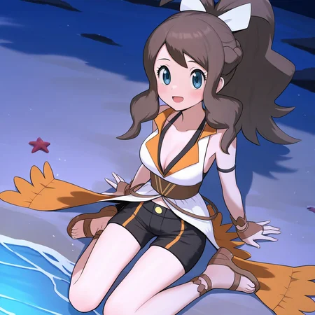 2d, masterpiece, best quality, amazing quality, highres, absurdres, newest, 1girl, solo, sitting, beach, night, from above, dutch angle, looking at viewer, medium breasts, syghilda, blue eyes, brown hair, sidelocks, high ponytail, antenna hair, sleeveless dress, showgirl skirt, multicolored dress, white dress, orange dress, v-neck, bridal gauntlets, bracelet, black shorts, short shorts, sandals, brown footwear, block heels