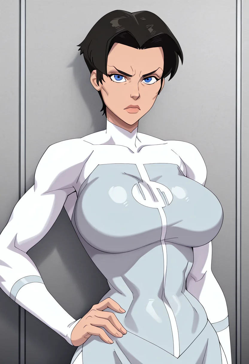 score_9, score_8_up, score_7_up,highest quality, score_9, source_anime,masterpiece,best quality,solo,expressive,nsfw,detailed character, detailed background,sharp resolution,front view, looking at viewer, hand on hip, serious expression,upper body, large breasts, narrow waist, tiny waist, large hips, muscular female,upper body ,
,,1girl,solo,a2dsa,black hair, short hair, parted bangs, blue eyes, muscular female,white bodysuit, turtleneck, logo, multicolored bodysuit, grey bodysuit, white pants, grey skirt,
