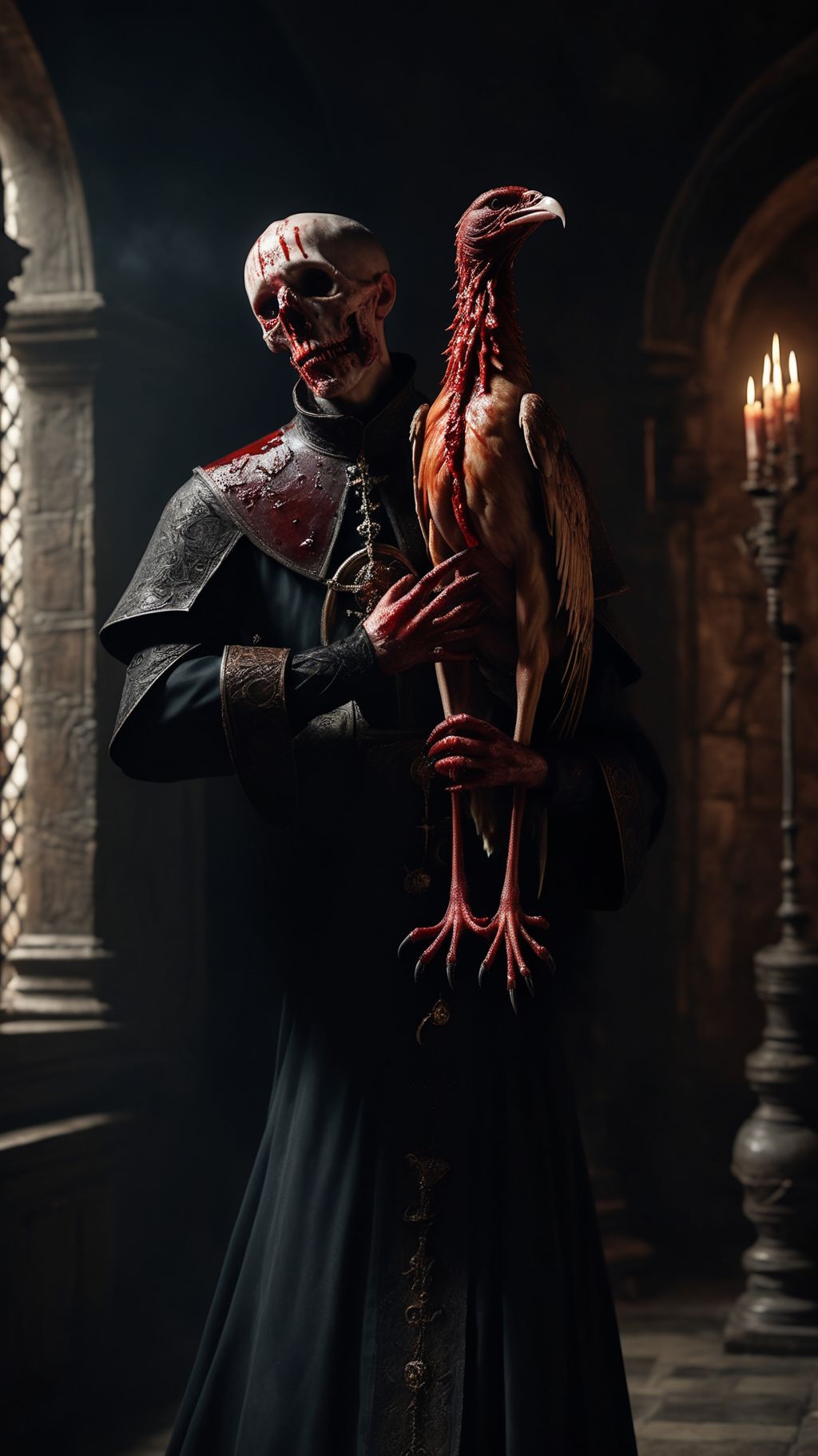 Ultra-realistic 8k CG, masterpiece, best quality, polecat wear inquisitor robe and bite off bloody chicken head in a medieval Cathedral, pr3y style, still life, high detailed, beautiful intricately and detailed, DOF,   <lora:add-detail-xl:1>  <lora:NicolaSamori:1> <lora:Inquisition_v2:1> <lora:bloodyface:0.5>