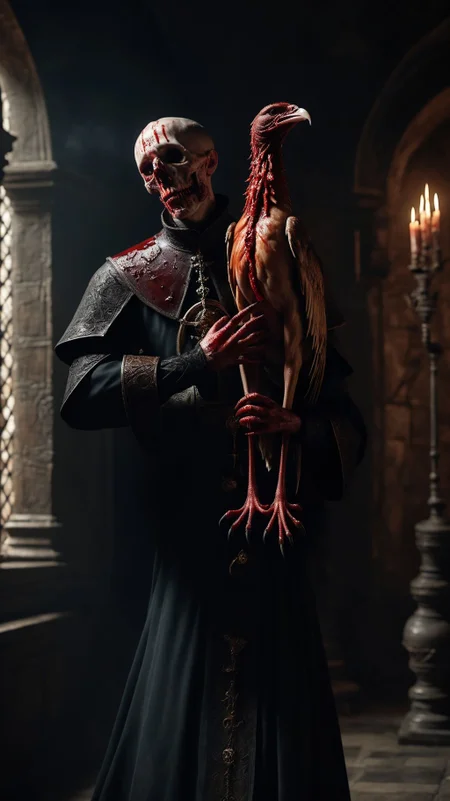 Ultra-realistic 8k CG, masterpiece, best quality, polecat wear inquisitor robe and bite off bloody chicken head in a medieval Cathedral, pr3y style, still life, high detailed, beautiful intricately and detailed, DOF, <lora:add-detail-xl:1> <lora:NicolaSamori:1> <lora:Inquisition_v2:1> <lora:bloodyface:0.5>