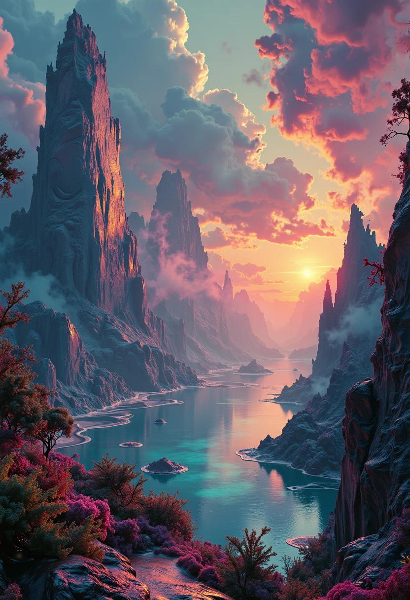 Expansive sci-fi landscape in the style of Frank Frazetta, featuring the tranquil Lake of Serenity. A sweeping panoramic view rendered as a digital artwork, blending classic gothic and baroque fantasy elements. Vibrant colors and illustrative techniques create a painterly effect reminiscent of a highly detailed matte painting. The scene is bathed in atmospheric haze and dramatic lighting, evoking the mood of a vintage oil painting with a contemporary digital twist.