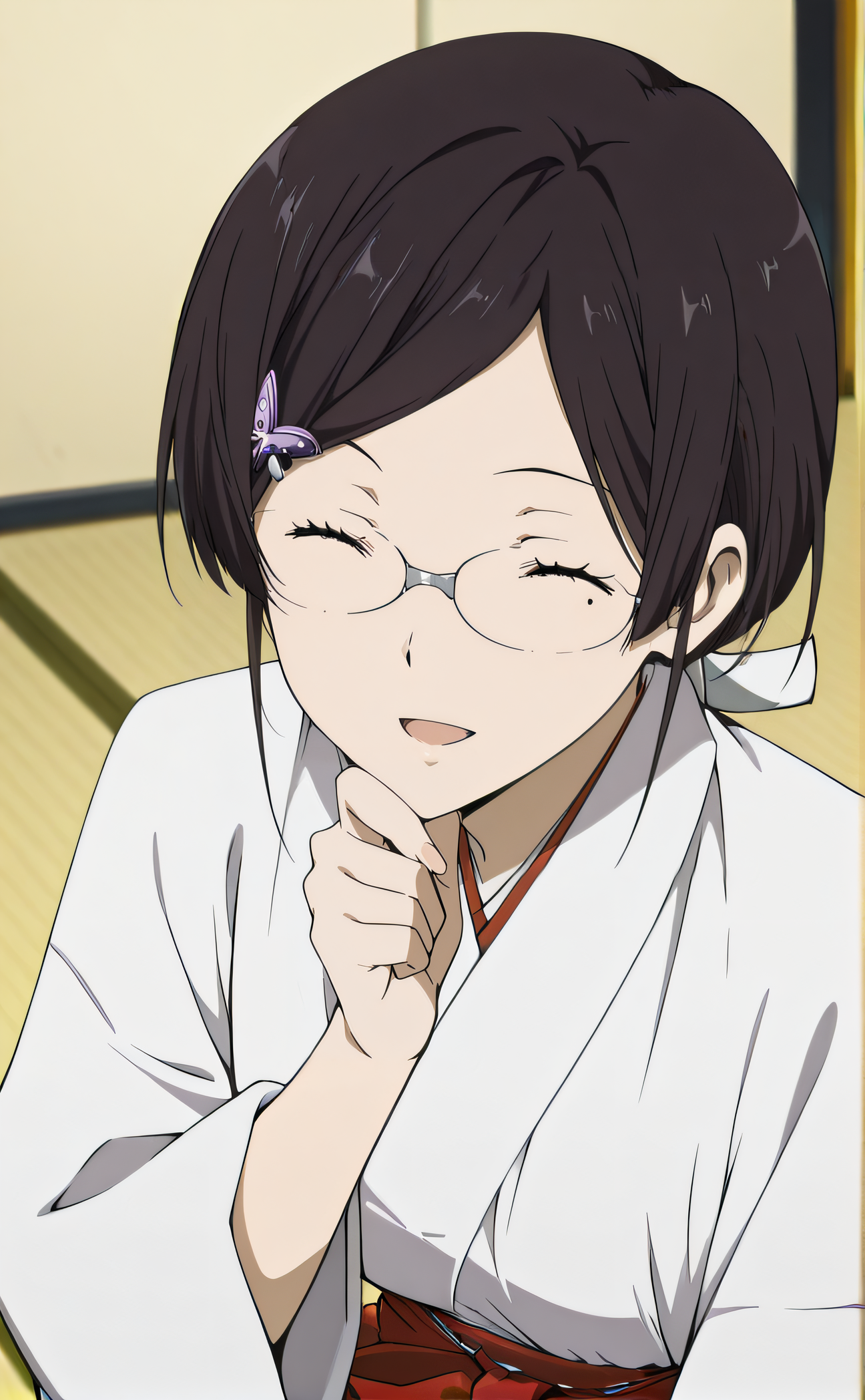 masterpiece, best quality, highres, newest, 1girl, solo, official style, anime screencap, <lora:IL_Juumonji_Kaho_v2:1>, miko kaho, black hair, closed eyes, butterfly ornament, parted bangs, sidelocks, low ponytail, glasses, mole under eye, miko, red hakama, tatami, five finger, expressionless, centered image, smile, hand on chin, open mouth, cowboy shot, kneeling, from side