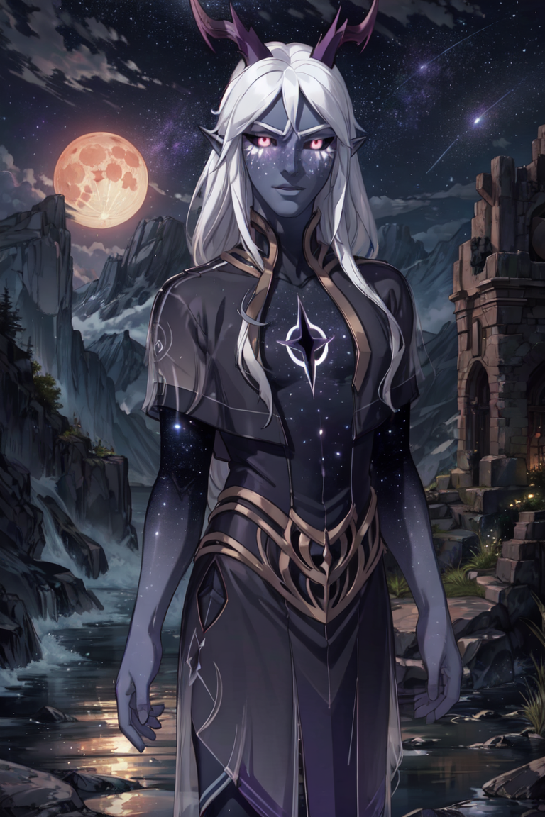 Aaravos, black sclera, purple skin, white hair, (stars, galaxy, sky, outside on a mountain, moon), (man, boy, male:1.5), (realistic:1.2), (masterpiece:1.2), (full-body-shot:1.2),(Cowboy-shot:1.2), dark romantic lighting, (highly detailed:1.2), (detailed face:1.2), (gradients), colorful, detailed eyes, (natural lighting:1.2), solo, <lora:add_detail:0.3> <lora:DragonPrince_Aaravos-10:0.85>  <lora:BeautifulEyes:0.3>
