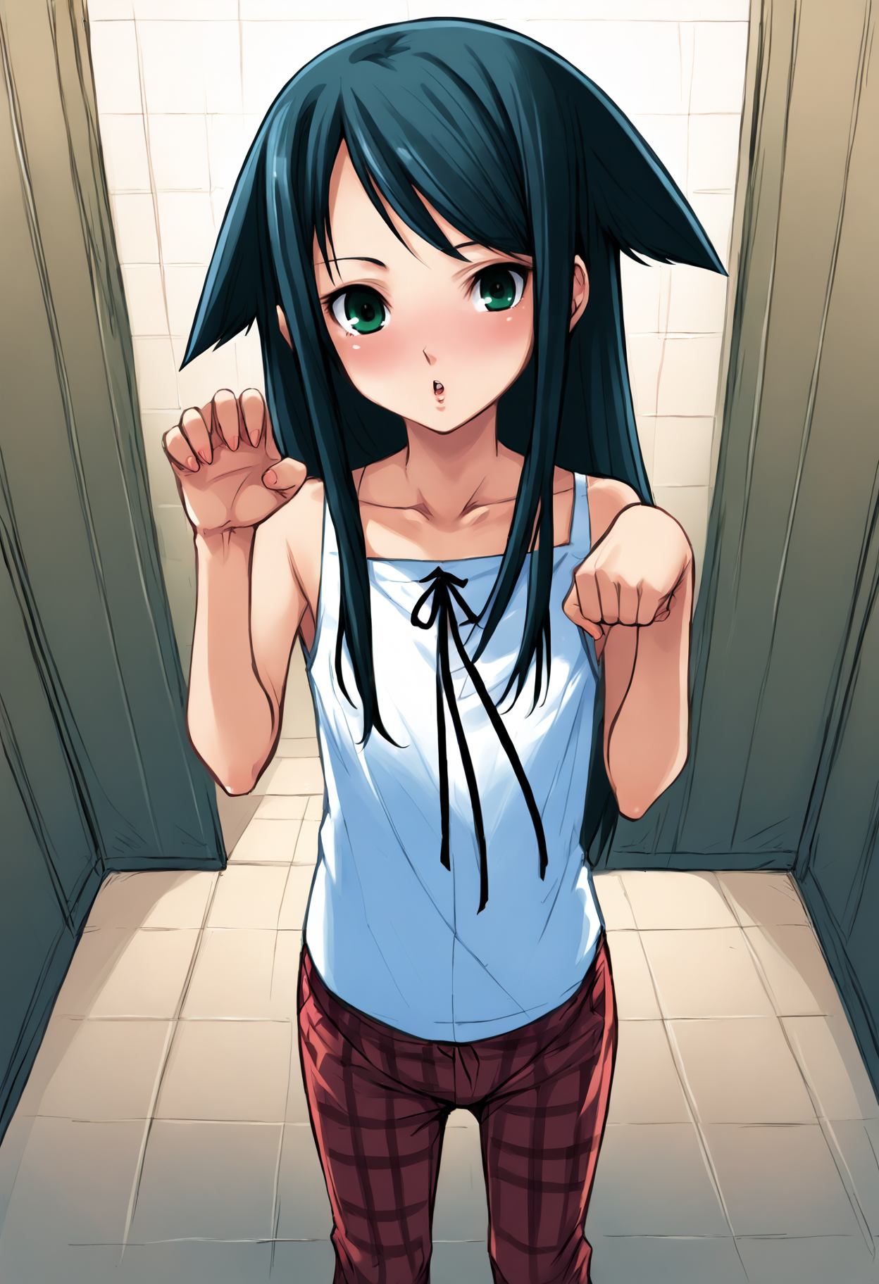 score_9, score_8_up, score_7_up, source_anime, uncensored, zPDXLxxx, <lora:intricate_details:1> intricate_details_xl, day, changing room, wide shot, downpants, eye focus
<lora:Saya_No_Uta_v1.0-000040:1> Saya, saya_(saya_no_uta), smart, 1girl, solo, long hair, looking at viewer, green eyes, bare shoulders, green hair, collarbone, blue hair, ribbon, hair flaps, paw pose, Plaid, fingernails,