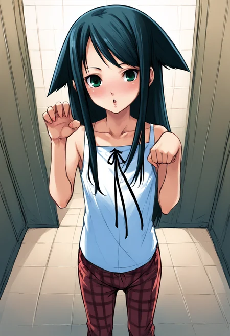 score_9, score_8_up, score_7_up, source_anime, uncensored, zPDXLxxx, <lora:intricate_details:1> intricate_details_xl, day, changing room, wide shot, downpants, eye focus
<lora:Saya_No_Uta_v1.0-000040:1> Saya, saya_(saya_no_uta), smart, 1girl, solo, long hair, looking at viewer, green eyes, bare shoulders, green hair, collarbone, blue hair, ribbon, hair flaps, paw pose, Plaid, fingernails,