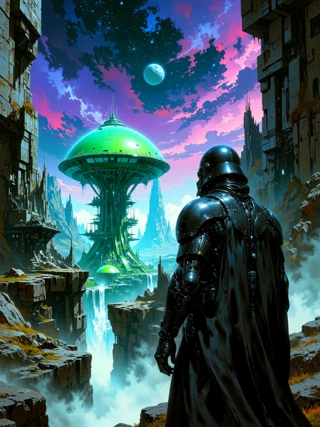 sci-fi fantasy digital painting, high aesthetic appeal, a lone bounty hunter clad in sleek black armor stands in the right foreground, muscular build, wearing an asymmetrical cape and a wide-brimmed hat, viewed from behind to emphasize mystery and solitude, the cape drapes unevenly in the soft breeze, subtle metallic highlights shimmer on the armor's surface, the background reveals a breathtaking futuristic cityscape composed of massive, dome-shaped structures resembling giant mushrooms, the greenish-blue domes are adorned with intricate mechanical patterns and ribbed textures, supported by slender metallic pillars with scattered windows and elevated platforms, the sprawling city is cradled within a lush, deep canyon, emphasizing grandeur and vertical depth, the sky overhead is a vibrant spectacle, featuring a swirling galactic nebula in rich purples, blues, and pinks, a large, blue-green planet hangs low on the horizon flanked by two small crescent moons, faint star clusters glimmer throughout the background, wide-angle composition from a slightly elevated vantage point, the perspective stretches out across the canyon and futuristic city, creating an epic sense of scale and wonder, soft diffused lighting bathes the scene, the bounty hunter silhouetted against the glowing city and the vivid cosmic sky, atmospheric depth enhanced by a light mist along the canyon floor, highlighting the distance between foreground and background, digital painting with ultra-polished finish, cinematic color grading in vivid jewel tones with high contrast between shadowed foreground and luminous background, ovg, artilands02, arsmoviestill, 80s fantasy movie still, <lora:style-fantastic_landscapes-v2-flux-by_artifyai:0.72> <lora:style-luis_royo-flux-by_tosave:0.56>