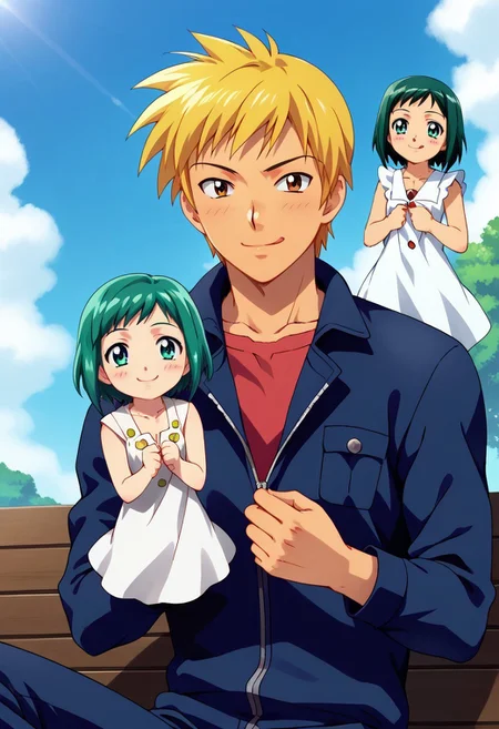 safe_pos, score_9, score_8_up, score_7_up, source_anime, cute couple, girl, midori, short green hair, green eyes, wearing a white dress that says 'I LOVE SEIJI', happy expression, break, male behind, seiji, blonde spikey hair, dark eyes, black school uniform, red t-shirt, gold buttons, action pose, hand puppet, v sign, ((from below)), portrait, close up, <lora:yaranaika-ponyxl-lora-nochekaiser:1>, yaranaika, looking at viewer, blush, smile, cleavage, sitting, collarbone, tongue, tongue out, naughty face, licking lips, bench, unzipping, jumpsuit, pants, pocket, breast pocket