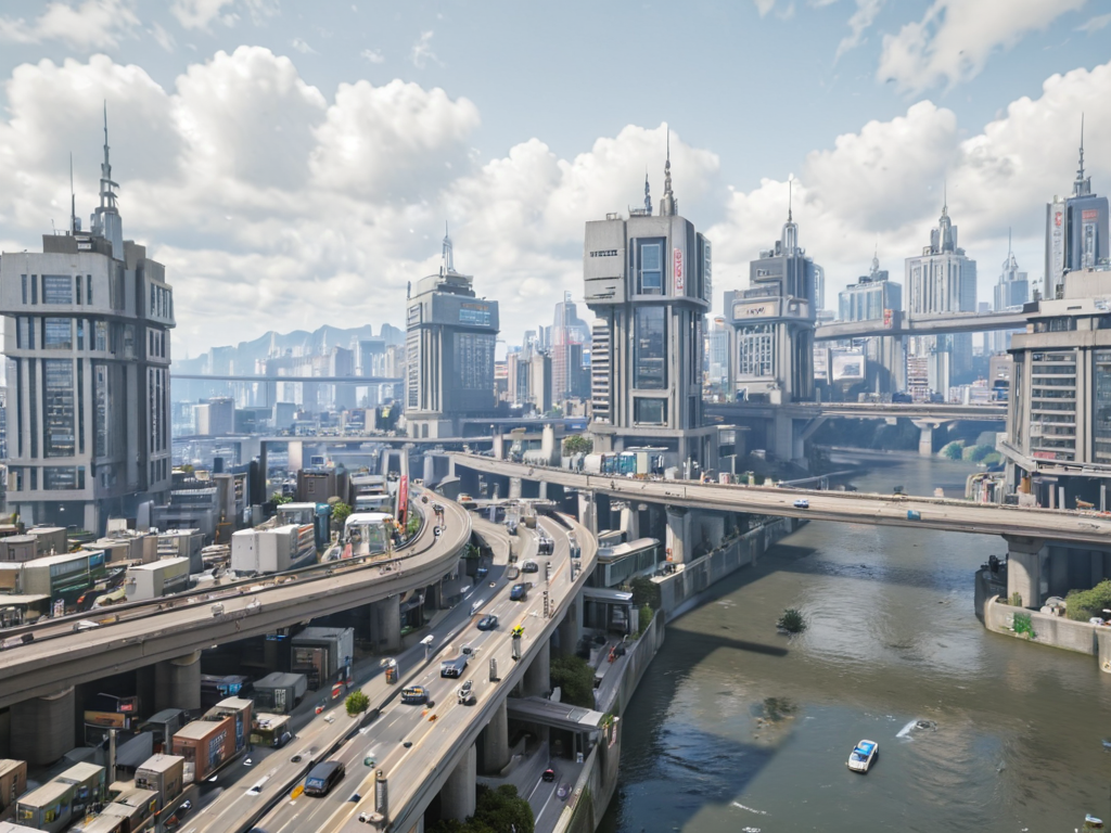 realistic photo of citybkg, cyberpunk, ambiance, day, sunny, clouds, detailed, streets, traffic, futuristic, elevated street, elevated highway, aerial side view, high buildings, low buildings, river, shore, vegetation,  <lora:City_Worlds:1>