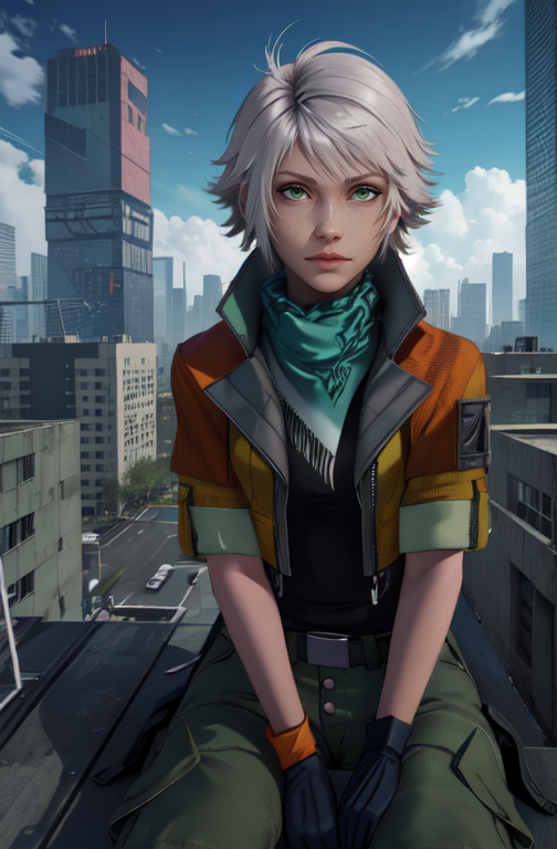 hope, white hair,  green eyes, 
orange open jacket, scarf,   cargo shorts,  gloves,  black undershirt, 
upper body,   sitting,  
outside, windy, cyberpunk,  rooftop, 
(best quality, masterpiece, perfect face, beautiful and aesthetic:1.2, highest detailed face), 
 <lora:hope:0.8>
