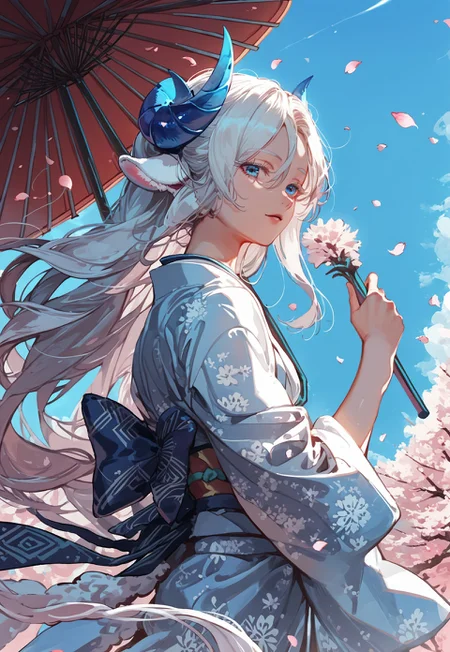 score_9, score_8_up, score_7_up, anime, best quality, 1boy, white hair, sky blue eyes, long eyelashes, white eyelashes, light skin, flat chest, perfect face, detailed body, cute, small, hair between the eyes, side-parted hair, small crystal horns, sky blue horns, fluffy sheep ears, white sheep ears, long dragon tail, long hair,
,
,
dynamic pose, expressive, dynamic pose, dynamic angle, volumetric lighting, cinematic lighting,
,
,
kimono, holding umbrella, cherry blossom, looking at viewer, petals falling,