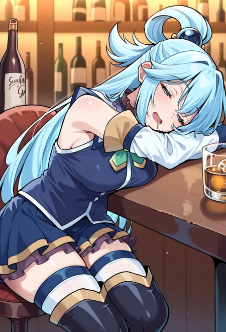 masterpiece, best quality, high quality, anime, <lora:AEAquaIlx:1> AEAquaDef, blue eyes, blue hair, single hair ring, hair ornament, green bow, blue shirt, sleeveless, detached sleeves, White sleeves, blue skirt, miniskirt, White thighhighs, thighhighs under boots, zettai ryouiki, blue thigh boots, high heel boots, high heels,cowboy shot, sleeping on table, drooling, sleeping, alcohol, bottle, sitting, leaning on table, bar, dim lighting,