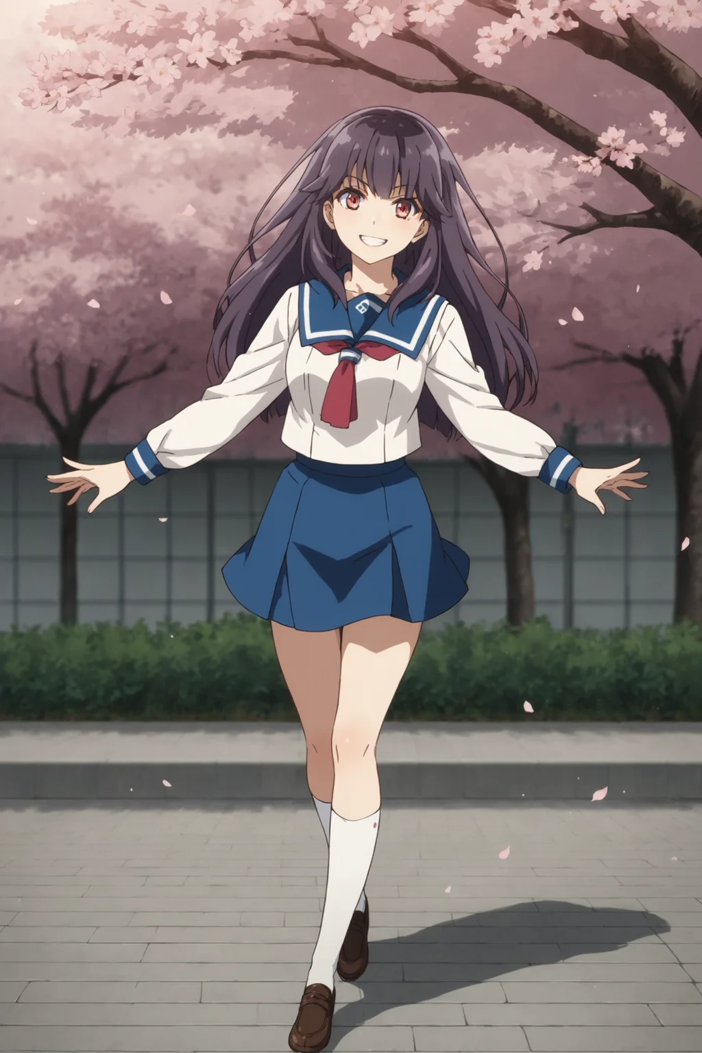 score_9, score_8_up, score_7_up, score_6_up, score_5_up, source_anime, rating_safe, outdoors, high school, cherry blossom, 1girl, solo, looking at viewer, (dynamic pose:1.5), (full body:1.1), homura chika, purple hair, long hair, red eyes, shimizu minami high school uniform, serafuku, long sleeves, blue collar, red neckerchief, white shirt, blue skirt, plaid skirt, white kneehighs, loafers, <lora:Chika_Homura:0.8>, <lora:age_slider_v4:2>, smile, teeth, wide open arms