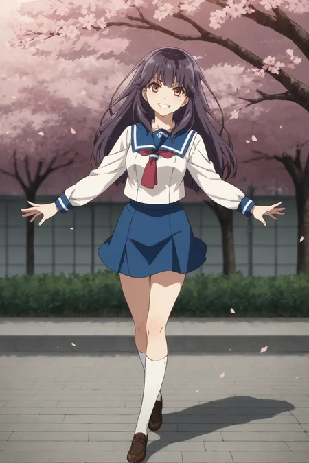 score_9, score_8_up, score_7_up, score_6_up, score_5_up, source_anime, rating_safe, outdoors, high school, cherry blossom, 1girl, solo, looking at viewer, (dynamic pose:1.5), (full body:1.1), homura chika, purple hair, long hair, red eyes, shimizu minami high school uniform, serafuku, long sleeves, blue collar, red neckerchief, white shirt, blue skirt, plaid skirt, white kneehighs, loafers, <lora:Chika_Homura:0.8>, <lora:age_slider_v4:2>, smile, teeth, wide open arms