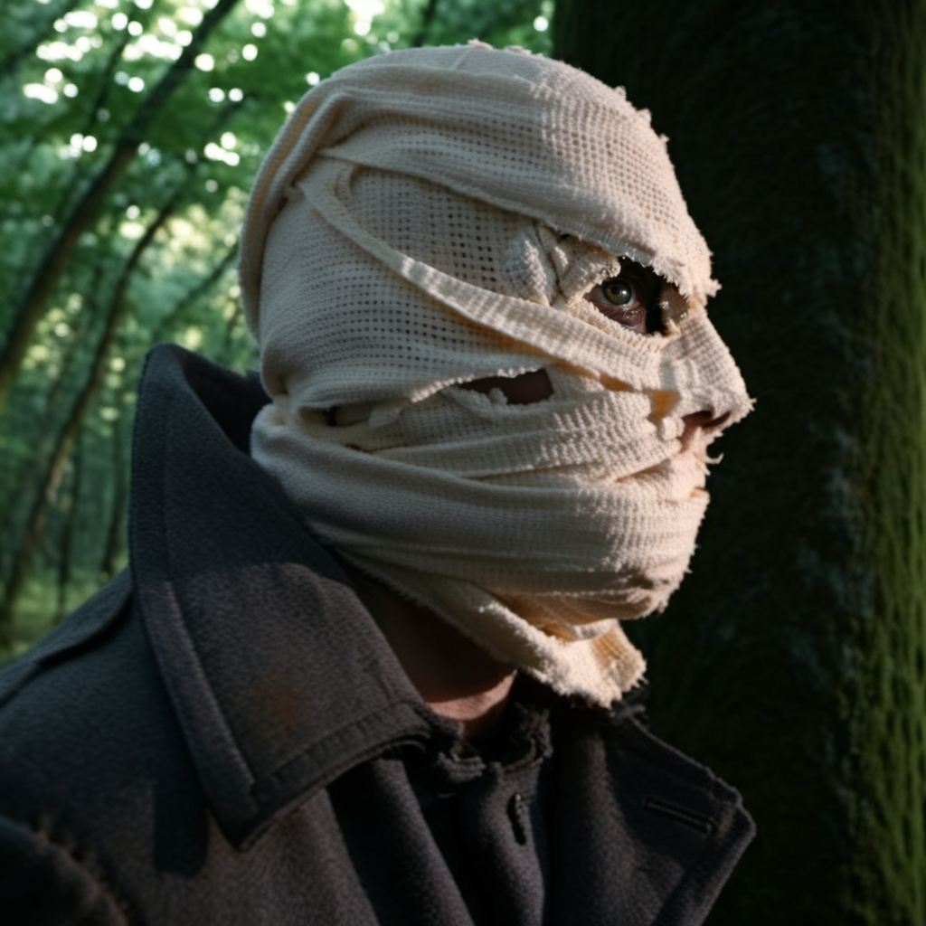 Timescrimes1024, a man head with bandages with a coat, close up face portrait, in forest, detailed eyes, highly detailed, photography, ultra sharp, film, bokeh, professional, 4k  <lora:add-detail-xl:1.5>   <lora:Timescrimes1024:0.8>