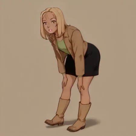 gygirl, 1girl, solo, short blonde hair, bangs, pink lips, brown eyes, tanned skin, closed brown jacket, green shirt, black skirt, brown boots