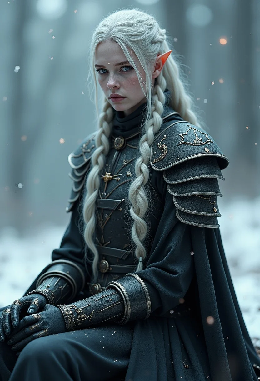Full body potrait, hyperrealistic detail, Rendered in a fusion of photorealism and digital surrealism, Beautiful surreal high fantasy portrait, A Female warrior with dark, ashen skin and long, long silver-white hair, intricate braids, black Armor and clothes, facing the viewer stands amidst snowflakes, ethereal and otherworldly presence, with sharp, elf-like ears and adorned in elaborate, dark armor with detailed engravings and metallic patterns.
Her expression is somber and introspective as she sits quietly, her eyes are silver, in a cold and desolate landscape under a dim, moonlit sky.
Her armor is very detailed with decorations, giving her an air of nobility, Real sharp photo, snowing, snowflakes in the air, blurred background, rose gold minerals, shiny aura, highly detailed, Kirnan Shipka, Januz Miralles, Hikari Shimoda, glowing stardust by W. Zelme. The overall effect is breathtaking and truly captivating, shimmering skin that glows like the night sky, long, hair adorned with tiny, glowing stars, deep, cosmic eyes, ethereal hues, mysterious and enchanting expression, dreamlike and mystical atmosphere, RAW candid cinema, 16mm, color graded portra 400 film, remarkable color, ultra realistic, textured skin, remarkable detailed pupils, realistic dull skin noise, visible skin detail, skin fuzz, dry skin, shot with cinematic camera, detailed skin texture, (blush:0.2), (goosebumps:0.3), subsurface scattering, fluxenh4nce