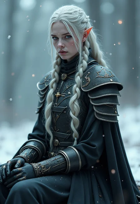 Full body potrait, hyperrealistic detail, Rendered in a fusion of photorealism and digital surrealism, Beautiful surreal high fantasy portrait, A Female warrior with dark, ashen skin and long, long silver-white hair, intricate braids, black Armor and clothes, facing the viewer stands amidst  snowflakes, ethereal and otherworldly presence, with sharp, elf-like ears and adorned in elaborate, dark armor with detailed engravings and metallic patterns. 
Her expression is somber and introspective as she sits quietly, her eyes are silver, in a cold and desolate landscape under a dim, moonlit sky. 
Her armor is very detailed with decorations, giving her an air of nobility,  Real sharp photo, snowing, snowflakes in the air, blurred background, rose gold minerals, shiny aura, highly detailed, Kirnan Shipka, Januz Miralles, Hikari Shimoda, glowing stardust by W. Zelme.  The overall effect is breathtaking and truly captivating,  shimmering skin that glows like the night sky, long, hair adorned with tiny, glowing stars, deep, cosmic eyes, ethereal  hues, mysterious and enchanting expression, dreamlike and mystical atmosphere,  RAW candid cinema, 16mm, color graded portra 400 film, remarkable color, ultra realistic, textured skin, remarkable detailed pupils, realistic dull skin noise, visible skin detail, skin fuzz, dry skin, shot with cinematic camera, detailed skin texture, (blush:0.2), (goosebumps:0.3), subsurface scattering, fluxenh4nce