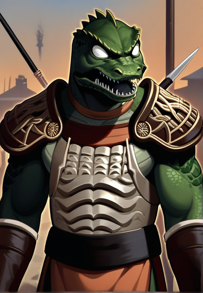 score_8_up, source_anime, solo, 1boy,  gorn, gorn male, (blank eyes), scales, green skin, tribal city, closed mouth, armor, angry, mouth open, roaring, weapon, muscular, shoulder armor, gauntlets, 
 <lora:Gorn_-_Star_Trek_SDXLPony:1>