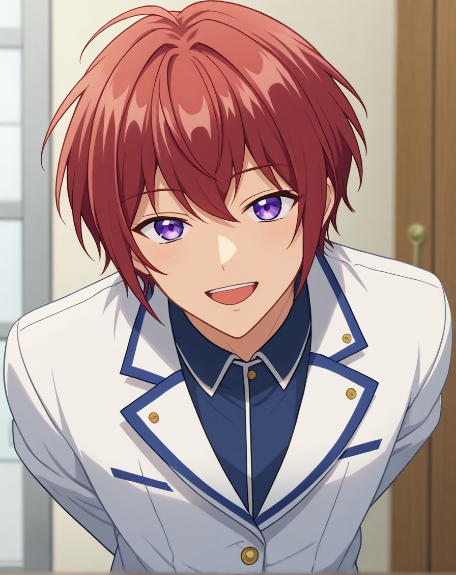 score_9, score_8_up, source_anime, anime screencap, original style, depth of field, BREAK, rating_safe, 1boy, solo, male focus, <lora:suou_tsukasa_pony:1> suou_tsukasa_pony, red hair, purple eyes, bangs, cowboy shot, happy, standing, looking at viewer, yumenosaki school uniform, white jacket, arms behind back, looking at viewer, facing viewer, leaning forward, closed eyes,  <lora:sdxl_lightning_8step_lora:1>  <lora:xl_more_art-full_v1:0.5>