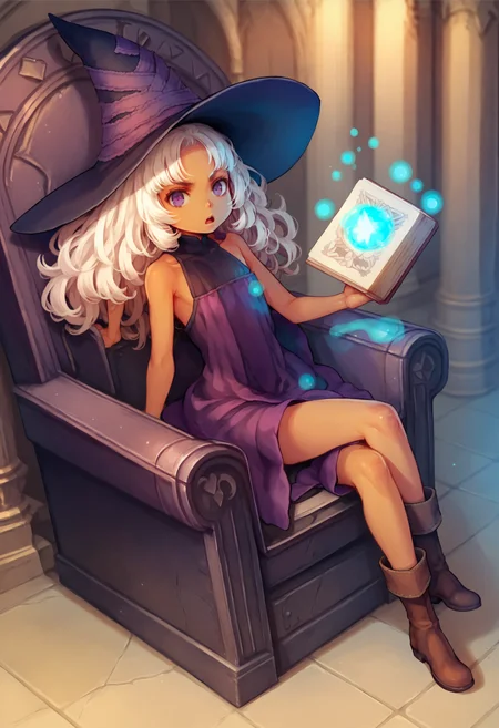 score_9,score_8_up,score_7_up,score_6_up,source_anime,<lora:Vanillaware_XL:1>,solo,1girl,child,from above,petite,thin,looking at viewer,full body,serious,open mouth,dark skin,white hair,purple eyes,curly hair,long hair,flat chest,witch hat,purple dress,multicolored dress,bare legs,bare arms,brown boots,throne room,magic,holding book,sitting,crossed legs,