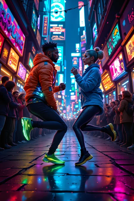 In the heart of a bustling city alley, a dark-skinned Jamaican man with short dreadlocks and glowing green sneakers executes a gravity-defying backflip, his neon-orange jacket catching the flickering holographic lights around him. Facing him, a petite Vietnamese woman with short, platinum-blonde hair in a high ponytail strikes a fierce pose, her electric-blue jacket and metallic leggings reflecting the vibrant graffiti-covered walls. A crowd of onlookers cheers, their silhouettes illuminated by the neon glow of the urban jungle around them.<lora:aidmaImageUpgrader-FLUX-V0.2:0.5><lora:PinkieFluxProUltraFantasia><lora:FluxDFaeTasticDetails:0.7>