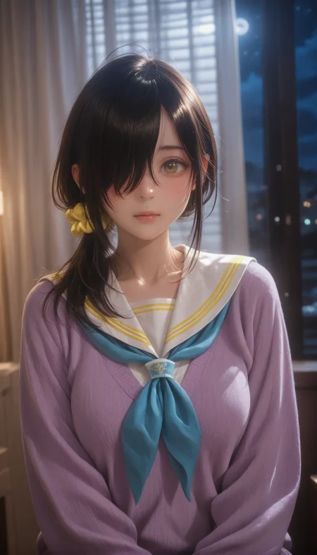 <lora:LCMTurboMix_Euler_A_fix:1> <lora:example_SDXL:0.3>, EZRealPONYXL, <lora:Dramatic Lighting Slider:3> <lora:realistic filter [IL]:1>
DSLR,realistic,cosplay photo, (very awa,masterpiece,best quality,year 2024,newest,absurdres,highres:1), realistic,skin texture,facial features, photography shot with Canon EOS 5D Mark IV , realistic, RAW, best quality, masterpiece, amazing quality, skin details,
highly detailed beautiful face, large natural breasts,
detailed background, shiny skin, dutch angle, night, moonlight,
beautiful detailed eyes, intricate details, absurdres,
artist: onono imoko, artist: taesi,
newest, masterpiece, best quality, 4k,ultra detail, 
indoors, very aesthetic, detailed background, face focus, 
1girl, solo,  <lora:Kotono Shiunji:1> k0tono, black hair, long hair, hair over one eye, yellow eyes, hair scrunchie, blush,school uniform, serafuku, white sailor collar,purple sweater, blue neckerchief,