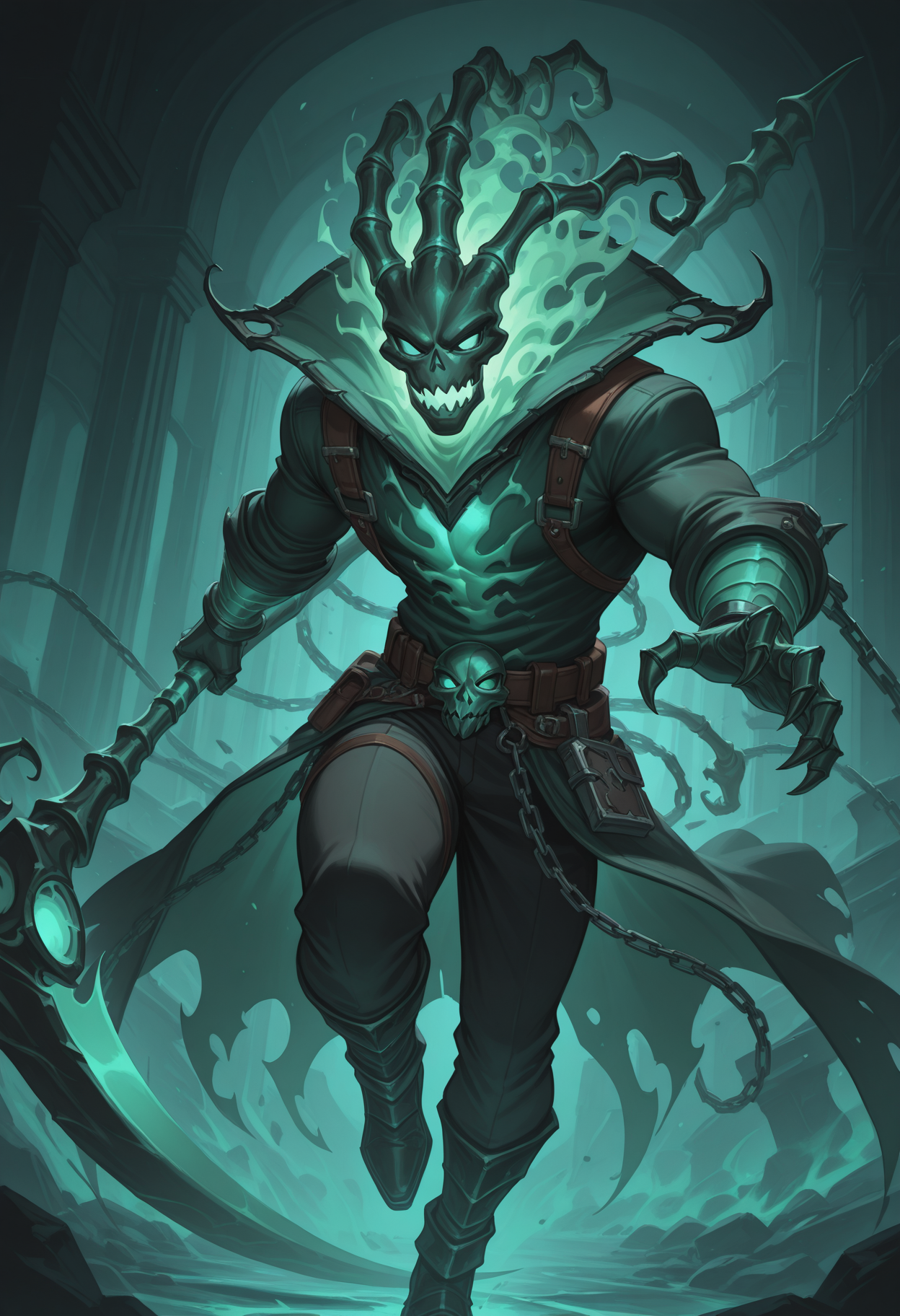 solo, thresh, holding scythe, dynamic pose, chain, looking at viewer, masculine, muscular, clothed, male focus, detailed background, perfect anatomy, masterpiece, high quality, best quality, highres, aesthetic  <lora:NOOB_vp1_detailer_by_volnovik_v1:1>  <lora:ThreshJanitor_LoL_V1_ILXL:1> <lora:lora:0.4>