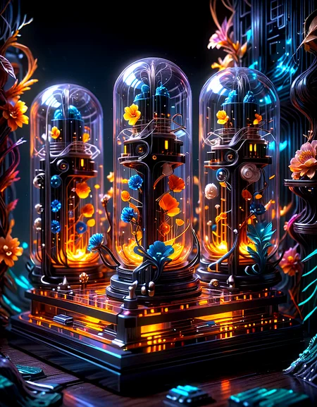 isometric diorama, (vibrant pixel art:1.2), extreme closeup planar nixie tube array, black shiny chrome, 8k, hdr, papercut background, amber glows, lightweaver style,