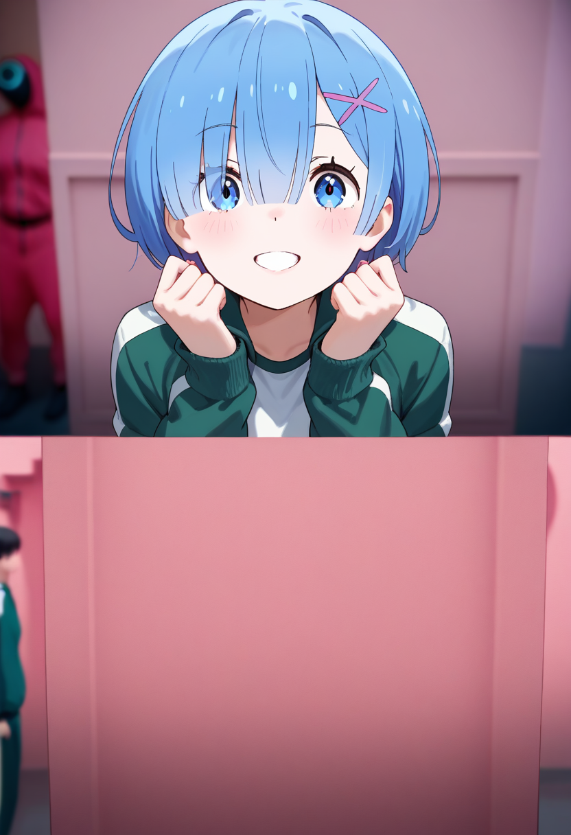 masterpiece,best quality,newest,absurdres,highres,1girl,2koma,looking at viewer,comic,scene reference,track jacket,blurry background,
<lora:Year1&Year2SquidGameMeme_illusXLNoobAI_Incrs_v1:1>,expressions,determined,rem \(re:zero\),blue hair,arms up,hands up,female focus,grin,excited,leaning forward,
<lora:Year1&Year2SquidGameMeme_illusXLNoobAI_Incrs_v1:0.8>,(invisible:2),(no humans:2),(pink wall),