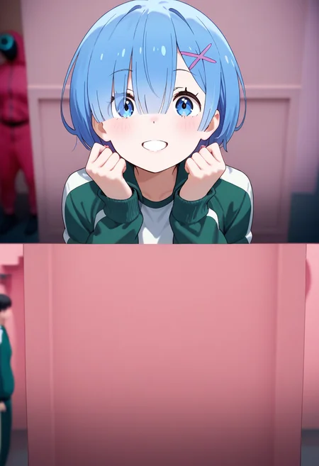 masterpiece,best quality,newest,absurdres,highres,1girl,2koma,looking at viewer,comic,scene reference,track jacket,blurry background,
<lora:Year1&Year2SquidGameMeme_illusXLNoobAI_Incrs_v1:1>,expressions,determined,rem \(re:zero\),blue hair,arms up,hands up,female focus,grin,excited,leaning forward,
<lora:Year1&Year2SquidGameMeme_illusXLNoobAI_Incrs_v1:0.8>,(invisible:2),(no humans:2),(pink wall),