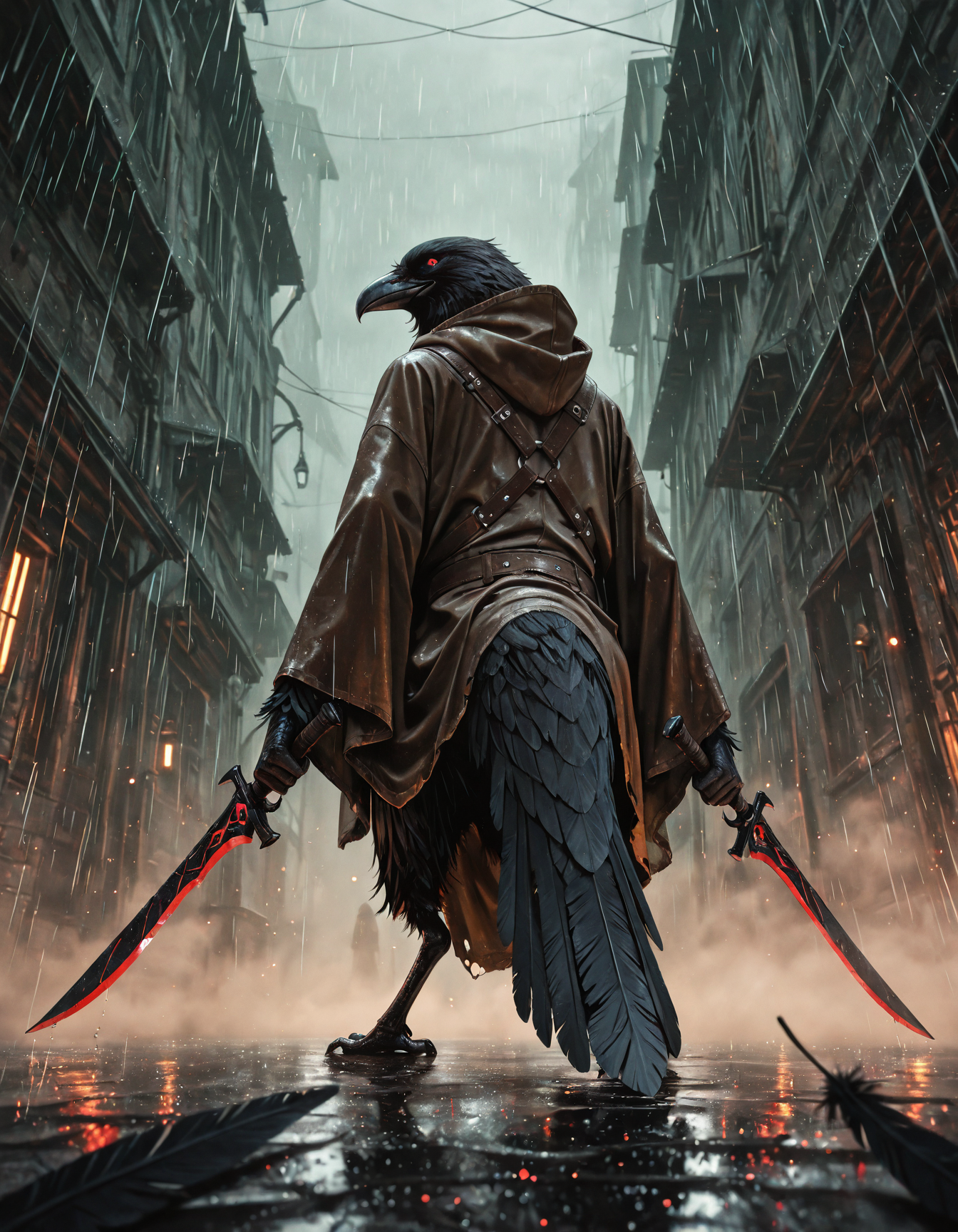embedding:IllusP0s
,anthropomorphic crow assassin, crow head, black feathers,holding daggers, poisoned weapons, dual wielding, reverse grip, crouched,huge brown hooded cloak, leather straps, smirk, looking back over the shoulder
,raining, darkness,fog, dark alley, stained, poisoned weapons
,from behind,from below, wide shot, depth of field, realism, no humans, animal focus, light particles