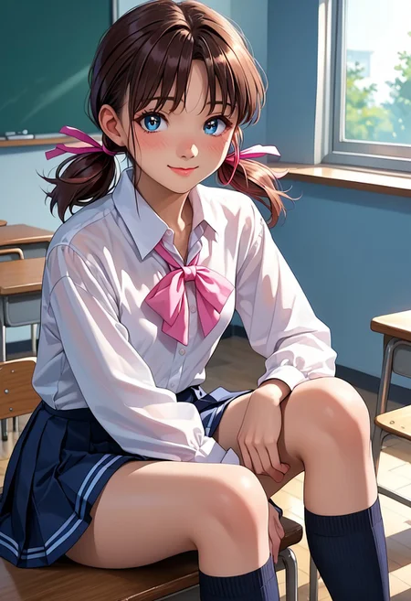 score_9, score_8_up, score_7_up, source_anime, highly detailed,  
1 girl, 20 years old, cute woman, 
Kodama Hikaru, brown hair, twintails, hair ribbon, ribbon, blue eyes, pink ribbon, low twintails, short twintails, small breasts, shy smile, blush,
school uniform, long sleeves, navy skirt, knee high socks,
class room, sitting  on school desk, 
textured skin, beautiful, from front,