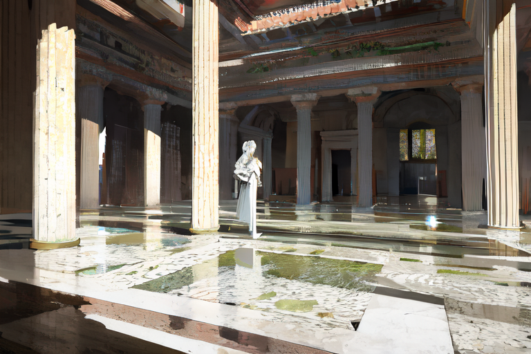 highly insanely detailed, masterpiece, top quality, best quality, highres, 4k, 8k, RAW photo, (very aesthetic, beautiful and aesthetic),  
Ancient Roman Interior Design,RomInt,ancient_roman_atrium,compluvium,impluvium,ancient_roman_bathroom,Balneum,functional_design,open_air_light, 
<lora:RomanInterior-10:1>, 
(1girl:1.3), 
1other, 
, 
, 
, 
(vast plains landscape) , overcast skies, 
,âââ