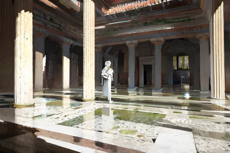 highly insanely detailed, masterpiece, top quality, best quality, highres, 4k, 8k, RAW photo, (very aesthetic, beautiful and aesthetic),
Ancient Roman Interior Design,RomInt,ancient_roman_atrium,compluvium,impluvium,ancient_roman_bathroom,Balneum,functional_design,open_air_light,
<lora:RomanInterior-10:1>,
(1girl:1.3),
1other,
,
,
,
(vast plains landscape) , overcast skies,
,âââ