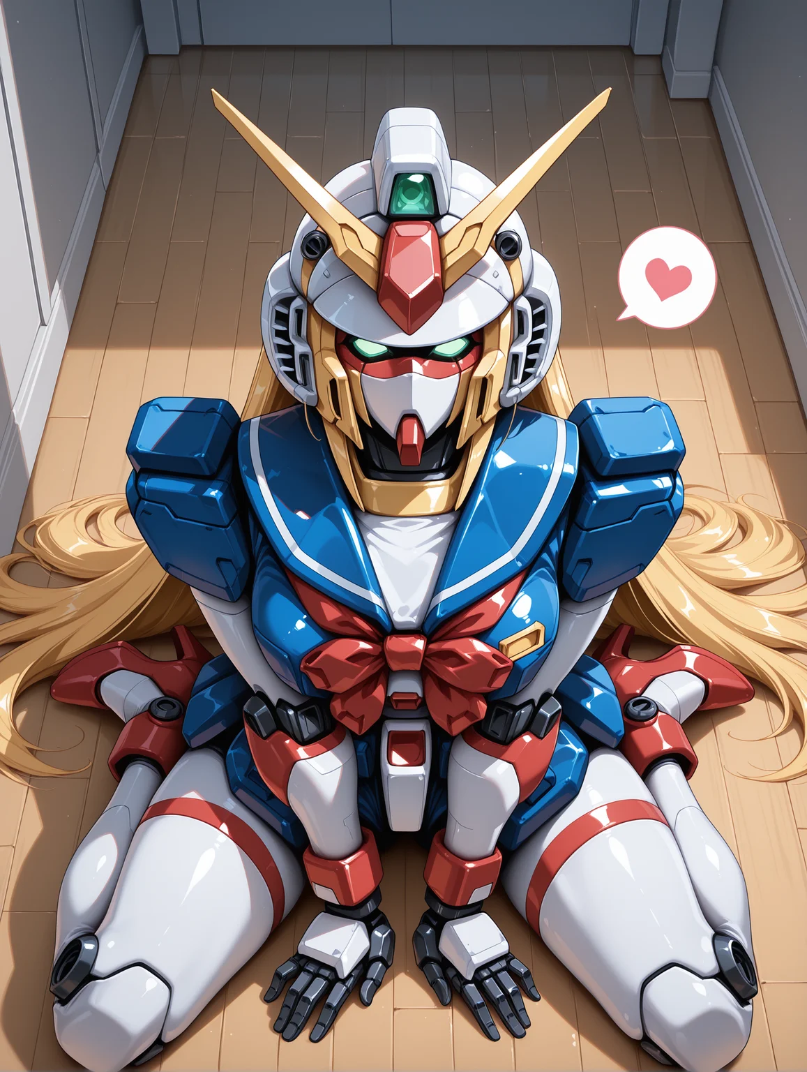 embedding:lazypos, perfect anatomy, anime coloring, anime screenshot, <lora:spo_sdxl_10ep_4k-data_lora_webui:1>, <lora:Latex_MBA_style:1>, 
BREAK
<lora:Nobel Gundam-IL:1>, nobel gundam, gf13-050nsw, solo, robot, mecha, v-fin, gundam helmet, mechaincal face, long hair, mecha, blonde hair, red bow, bow, high heels, blue sailor collar, sailor collar, detailed body, <lora:handPatchUnet:1>, detailed_hands, elegant_fingers, (cute:1.2), (sexy:1.2), balanced figure, perfect anatomy body, 
BREAK
from above, full body, dynamic_angle, facing viewer, looking at viewer, spoken heart, sexy pose, arm support, spread legs, v arms, sitting on floor, indoors, wooden floor