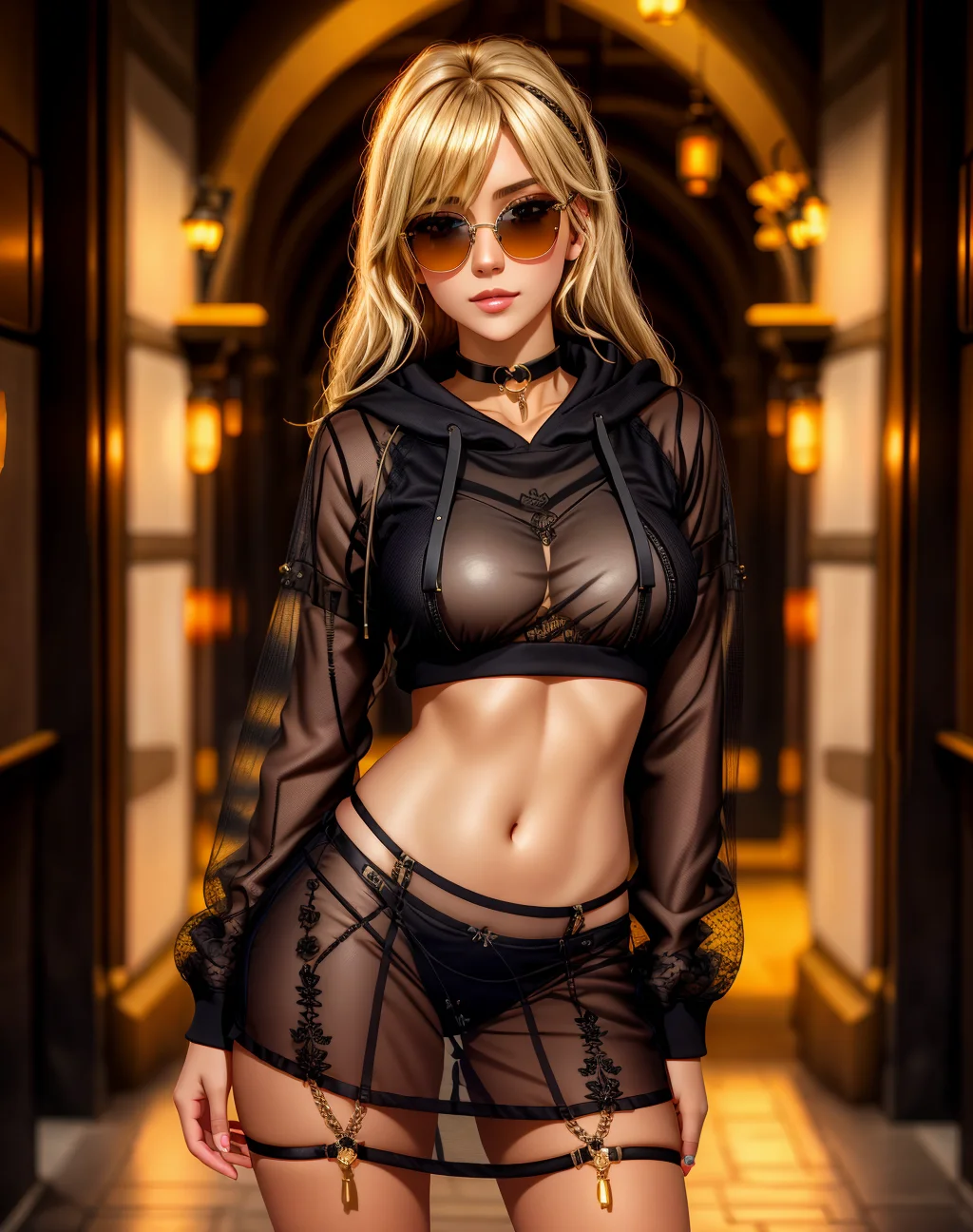 solo,1girl,4K, Masterpiece, highres, absurdres,blonde Nadia with sunglasses and a choker,
hoodie, edgNoire, a woman in a sheer see through [black dress, short skirt|hoodie],  posing for a picture ,wearing edgNoire
 <lora:edgNoireHoodies:0.8><lora:Nadia:0.4>