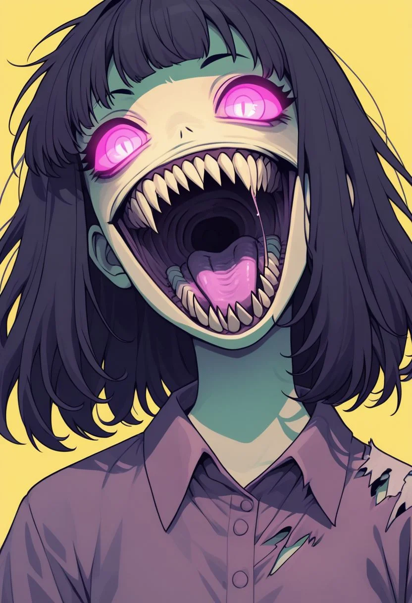 did vaporwave style, 1girl, solo, yellow background, teeth, simple background, open mouth, shirt, pink eyes, collared shirt, bandages, glowing, sharp teeth, upper body, medium hair, tongue, glowing eyes, torn clothes, saliva, colored sclera, horror (theme), , zombie monster, glowing,, zPDXL2