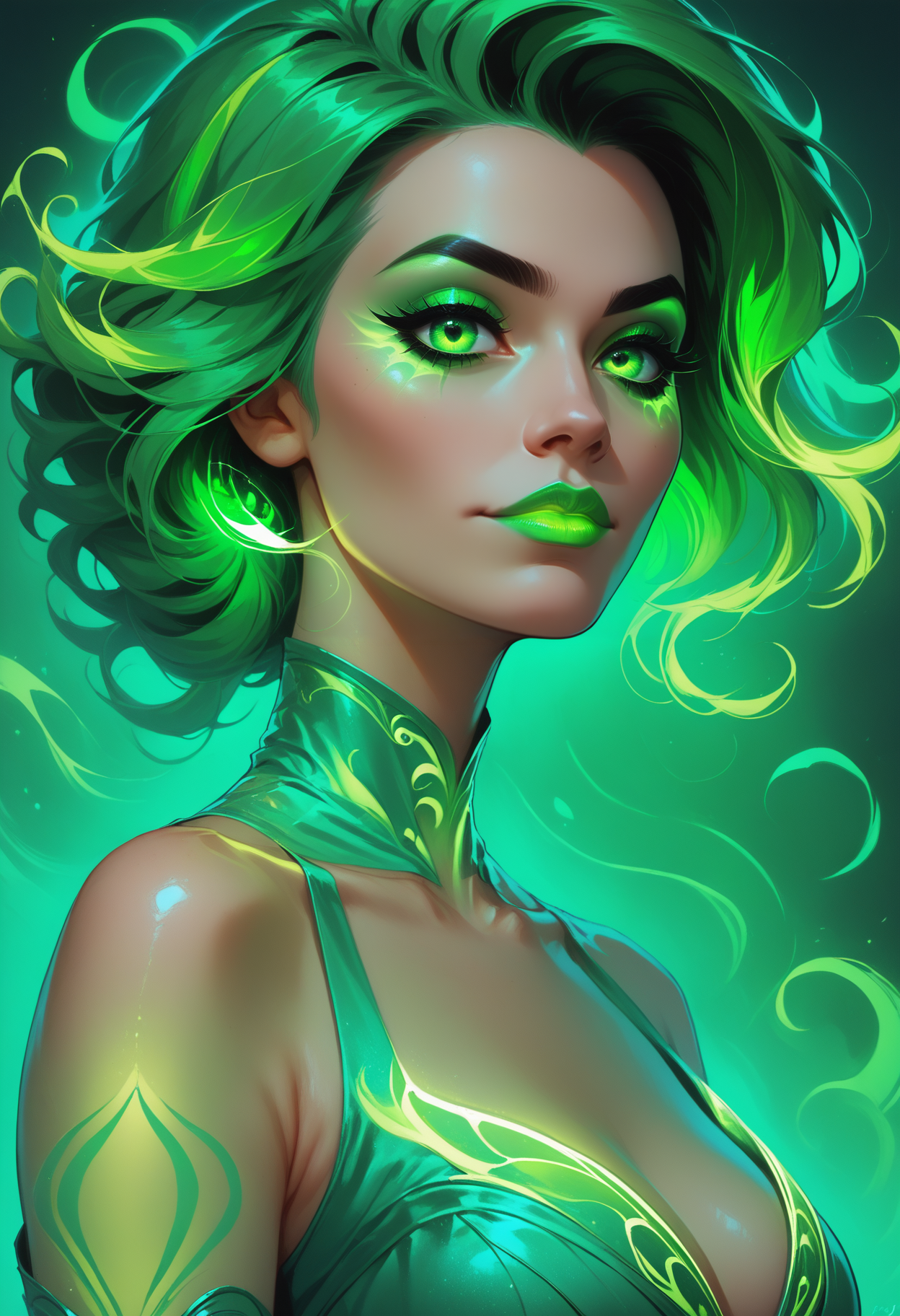 (score_9_up, score_8_up), score_7_up, upper body portrait, 1girl, glowing neon green dress, glowing neon green lipstick, glowing makeup, rating_safe, <lora:lukethighwalkerneonponyv4:0.4>